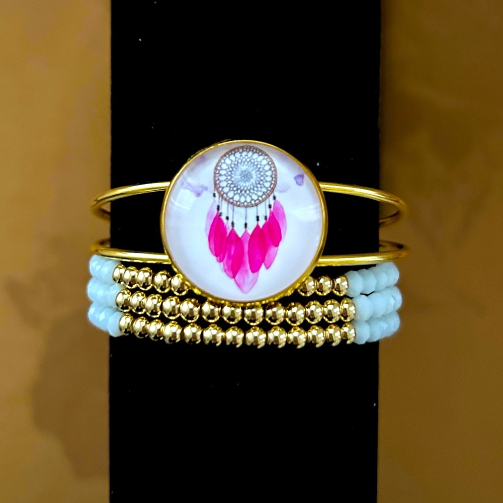 Dream Catcher White, Gold, and Pink Bracelet Set 2 pieces